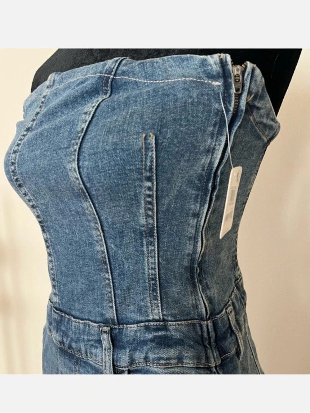 We The Free Free People Je Suis Pret Denim Strapless Barrel Leg Jumpsuit NWT M - Picture 3 of 16